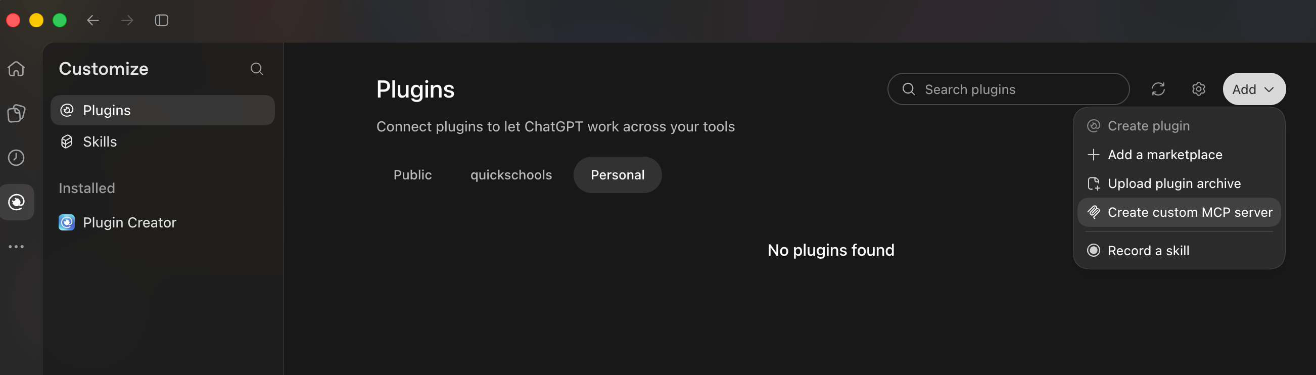 ChatGPT Customize Plugins page with Personal selected and Create custom MCP server highlighted in the Add menu.