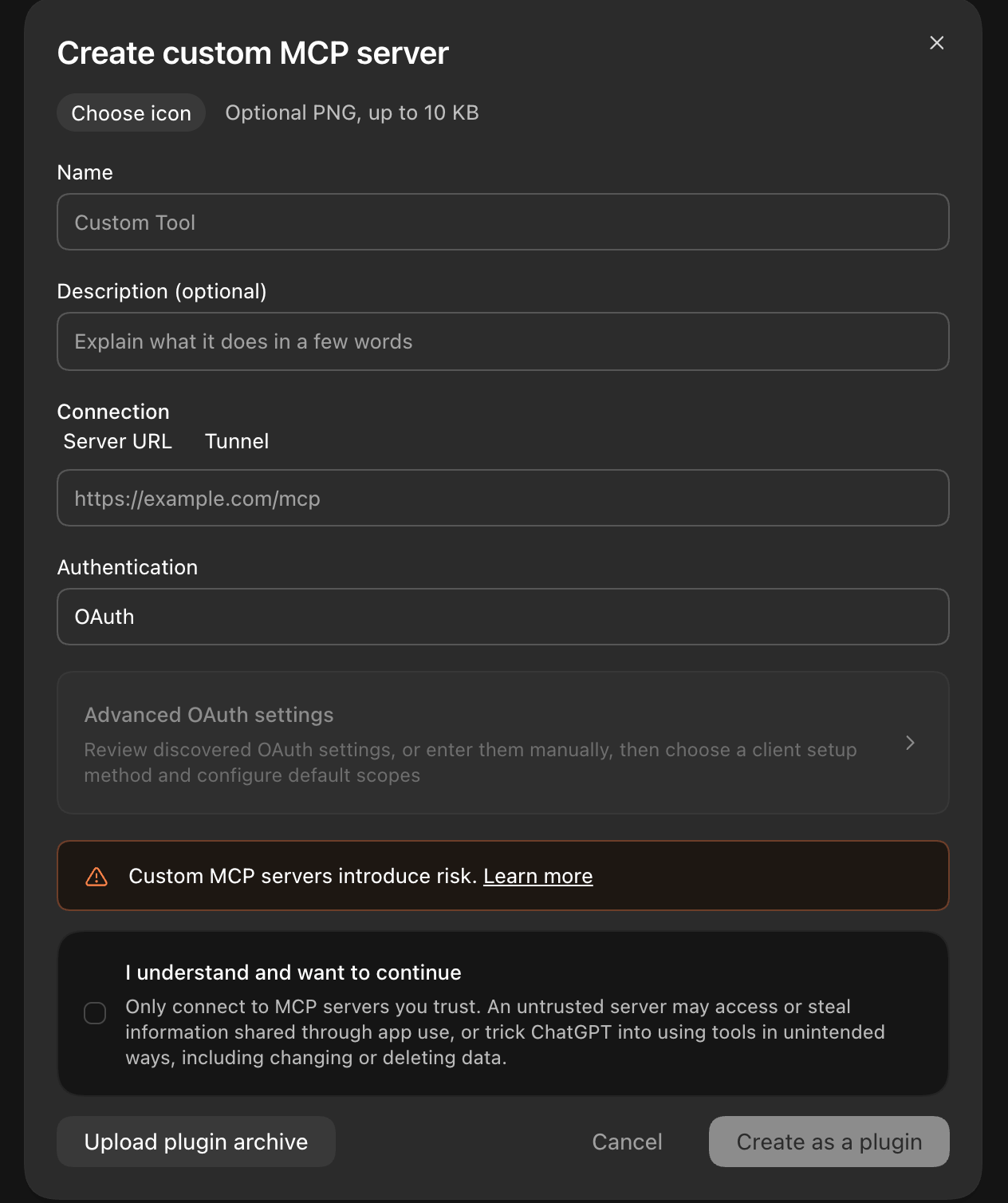 Create custom MCP server form with Choose icon, Name, Description, Server URL, OAuth, and Advanced OAuth settings.