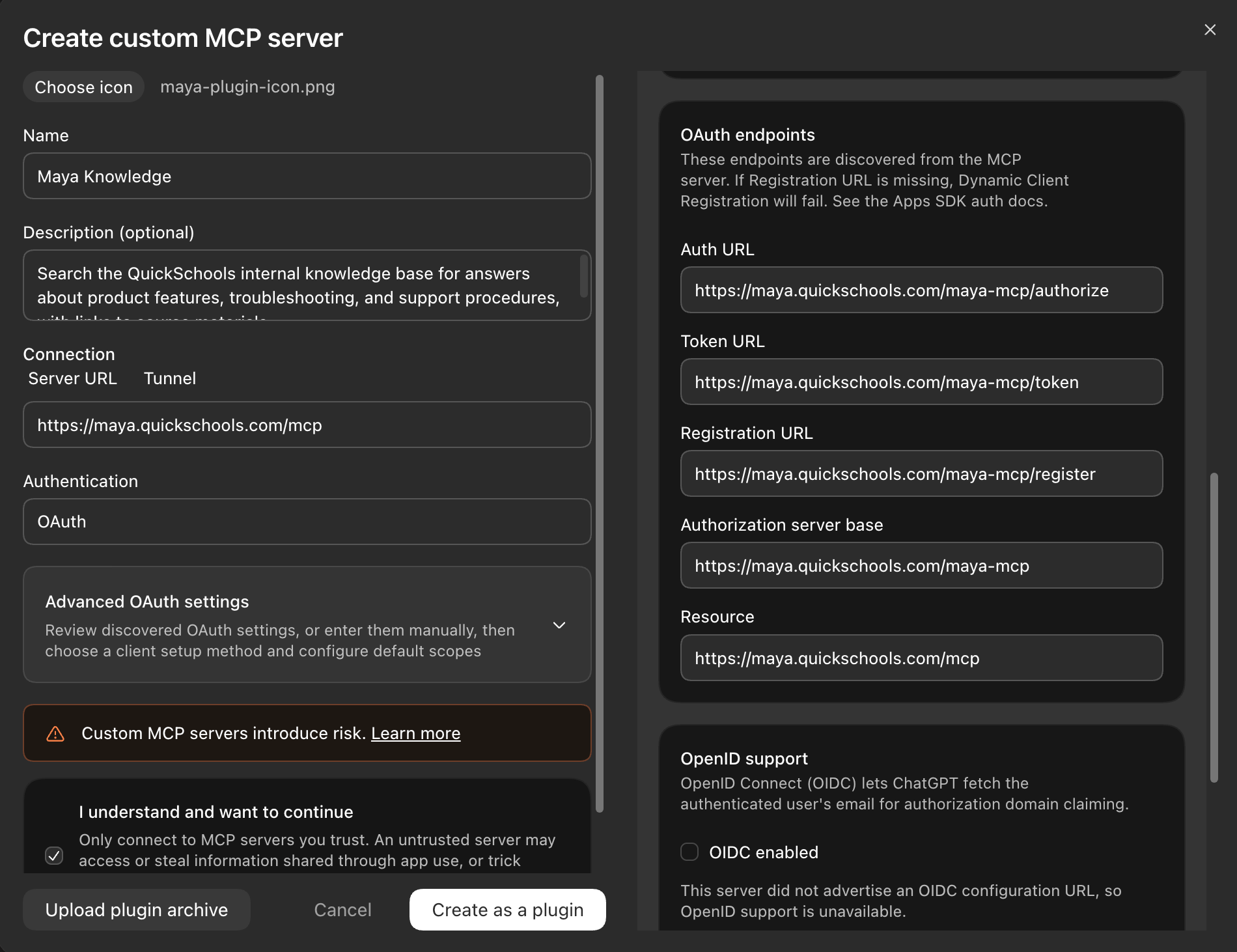 Maya Knowledge creation form with Advanced OAuth settings expanded, showing automatically discovered Auth URL, Token URL, Registration URL, authorization server base, and Resource, with OIDC unchecked.