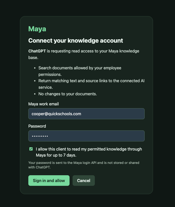 Maya authorization page showing ChatGPT requesting read access, with work email, masked password, permission checkbox, and Sign in and allow.