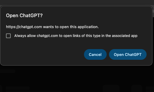 Browser dialog asking Open ChatGPT, with Open ChatGPT and Cancel buttons.
