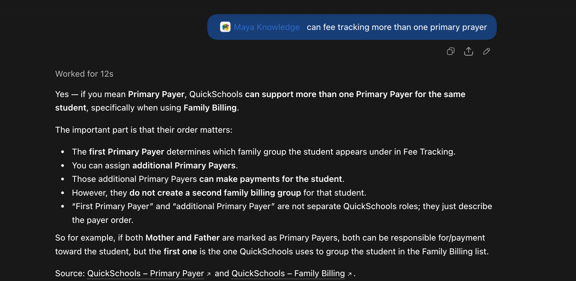 ChatGPT message with the Maya Knowledge plugin tag and a primary prayer question, followed by a Primary Payer answer and knowledge-base source links.