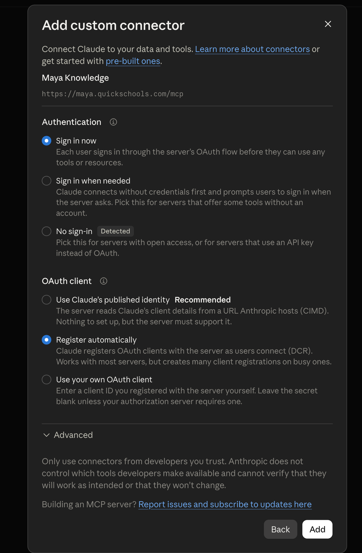 Sign in now and Register automatically selected in the custom connector authentication settings, with Add at the bottom.
