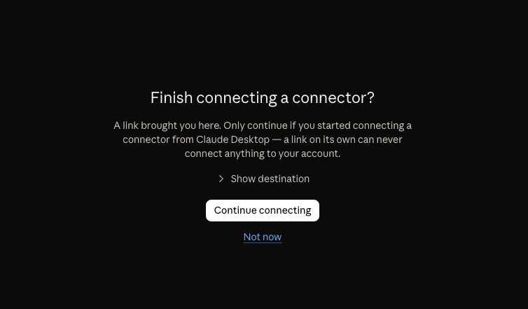Browser handoff page asking Finish connecting a connector, with Continue connecting selected as the next action.