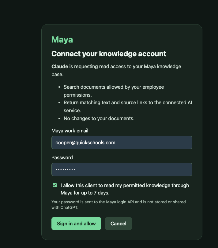 Maya authorization page with work email, masked password, permission checkbox, and Sign in and allow button.