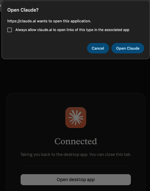 Connected confirmation and a browser dialog offering Open Claude to return to the desktop application.