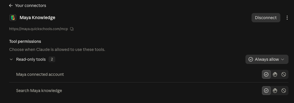 Maya Knowledge tool permissions showing Read-only tools set to Always allow, with checkmarks selected for Maya connected account and Search Maya knowledge.