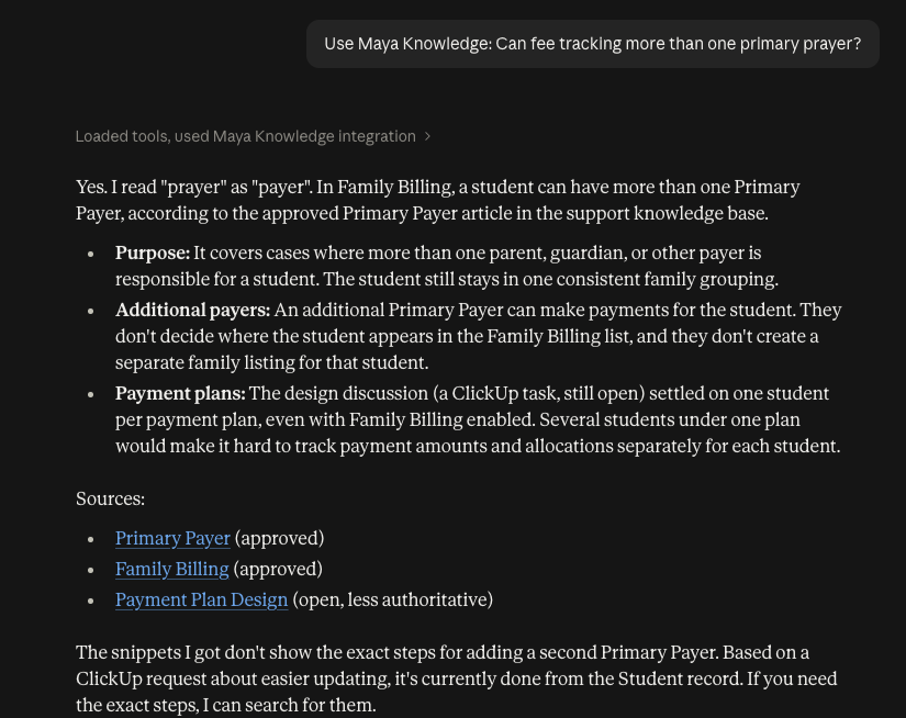 Claude response showing Maya Knowledge integration activity, a primary payer answer, and links under Sources.